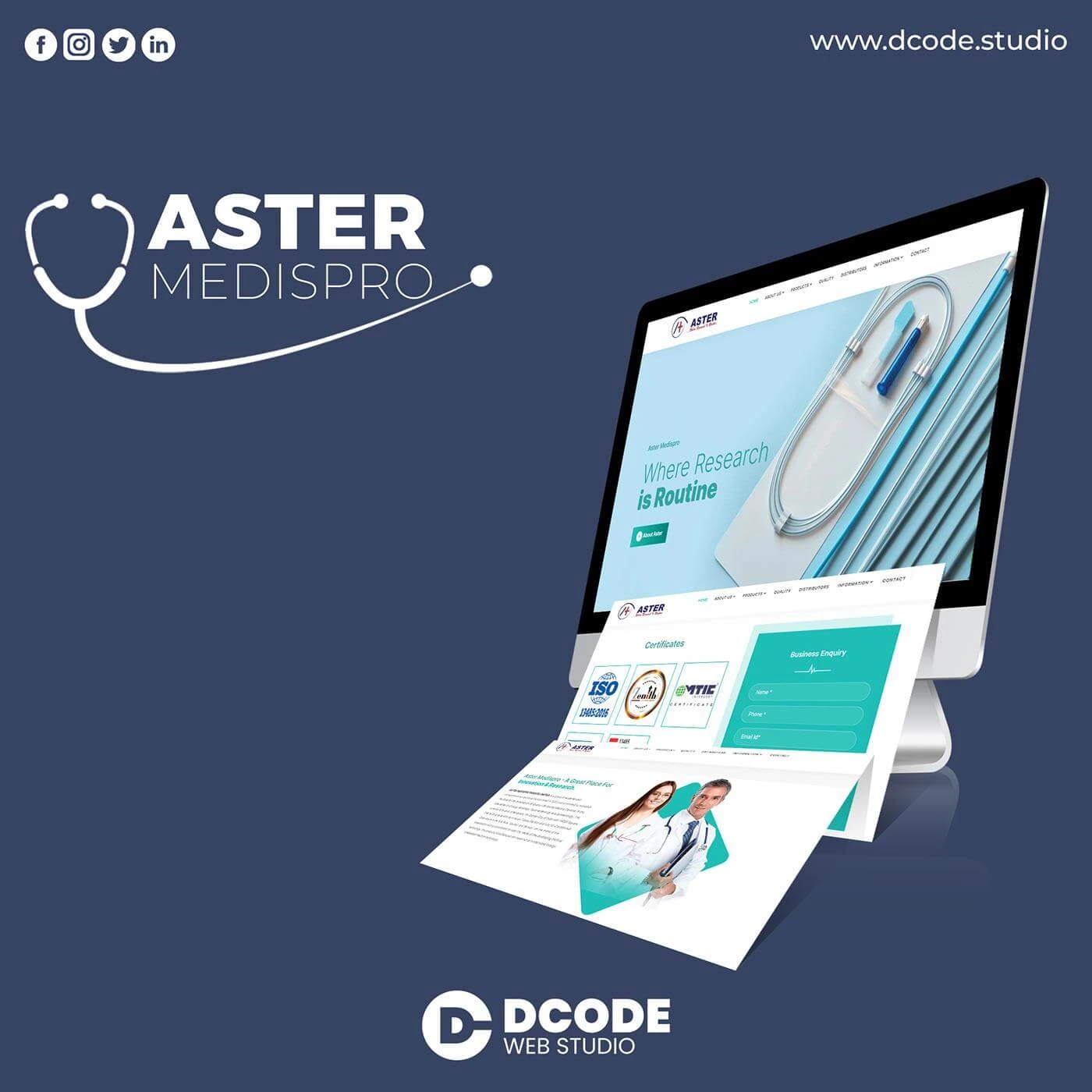 Aster Medispro Mockup in Laptop, Mobile, and Tablet sizes, Aster Medispro Website Mockup created by Dcode Web Studio, Aster Medispro Website Designed and Developed by Dcode Web Studio Ahmedabad.